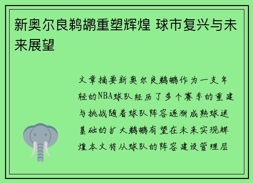 新奥尔良鹈鹕重塑辉煌 球市复兴与未来展望